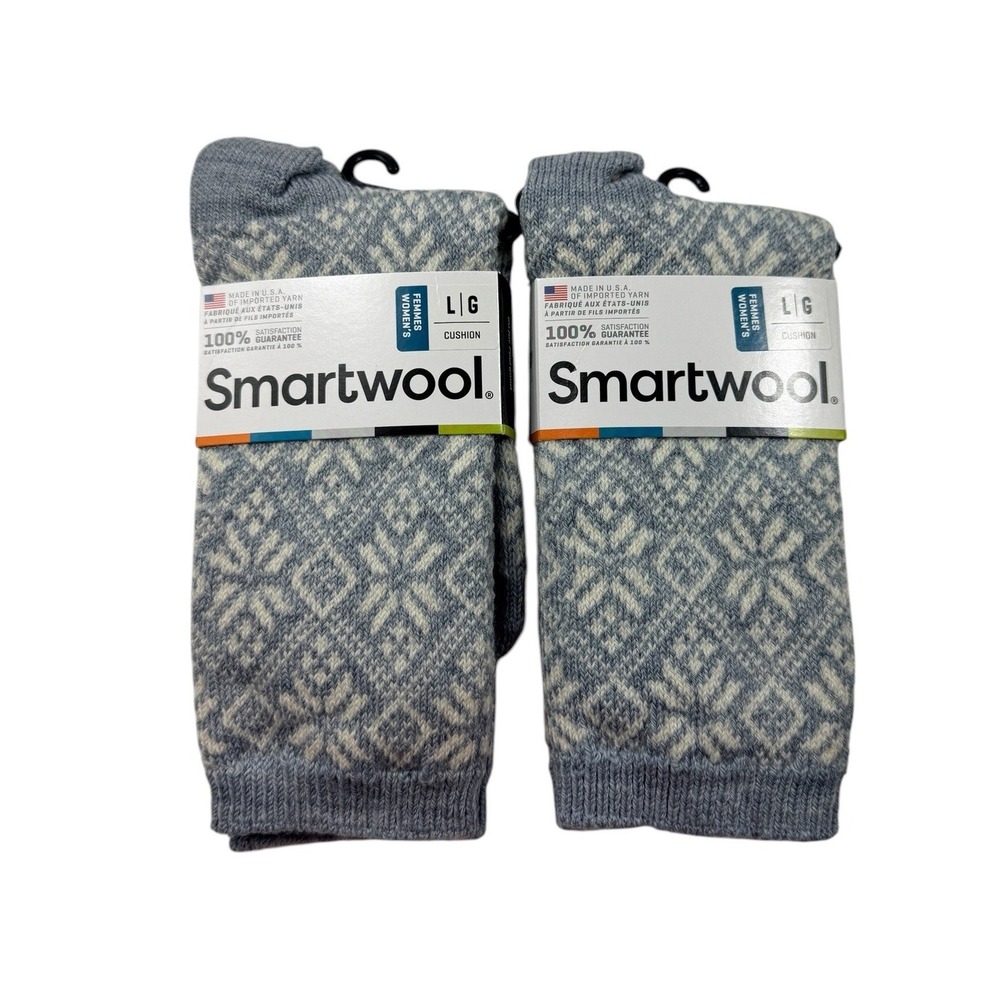 Smartwool Merino Wool Blend Fair Isle Crew Socks Gray Blue Large NWT LOT OF 2